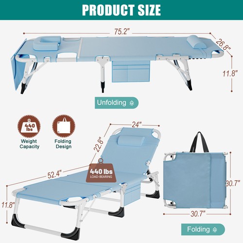 ABORON Adult Folding Camping Cot Bed Lounge Chair Reclining Adjustable 5Position