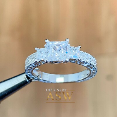 Pre-owned Halo 14k White Gold Round Cut Diamond Engagement Ring  Bridal Three Stone 1.60ctw