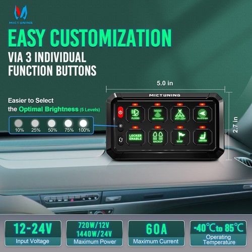 MICTUNING 8 Gang Switch Panel Green LED Light Bar Relay System Marine Boat 24v