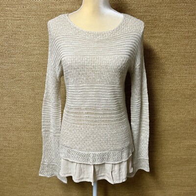 Knox Rose Sweater Women s XS Beige Long Bell Sleeves Ruffle Hem Lightweight