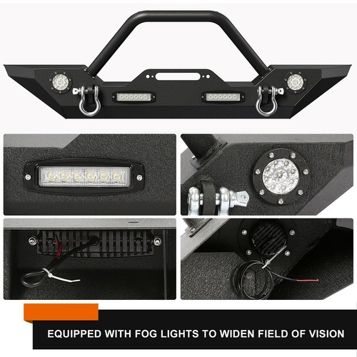 For 07-24 Jeep Wrangler JK JL Gladiator JT Front Bumper w/LED Lights Winch Plate