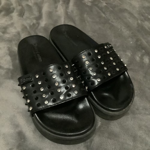 Juicy Couture UMI Rhinestone Stud Slide Sandals Black Womens
