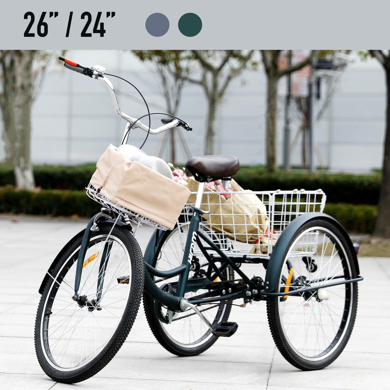 24 / 26 Zoll 3 Räder Dreirad für Erwachsene Seniorenrad Erwachsenendreirad Körbe