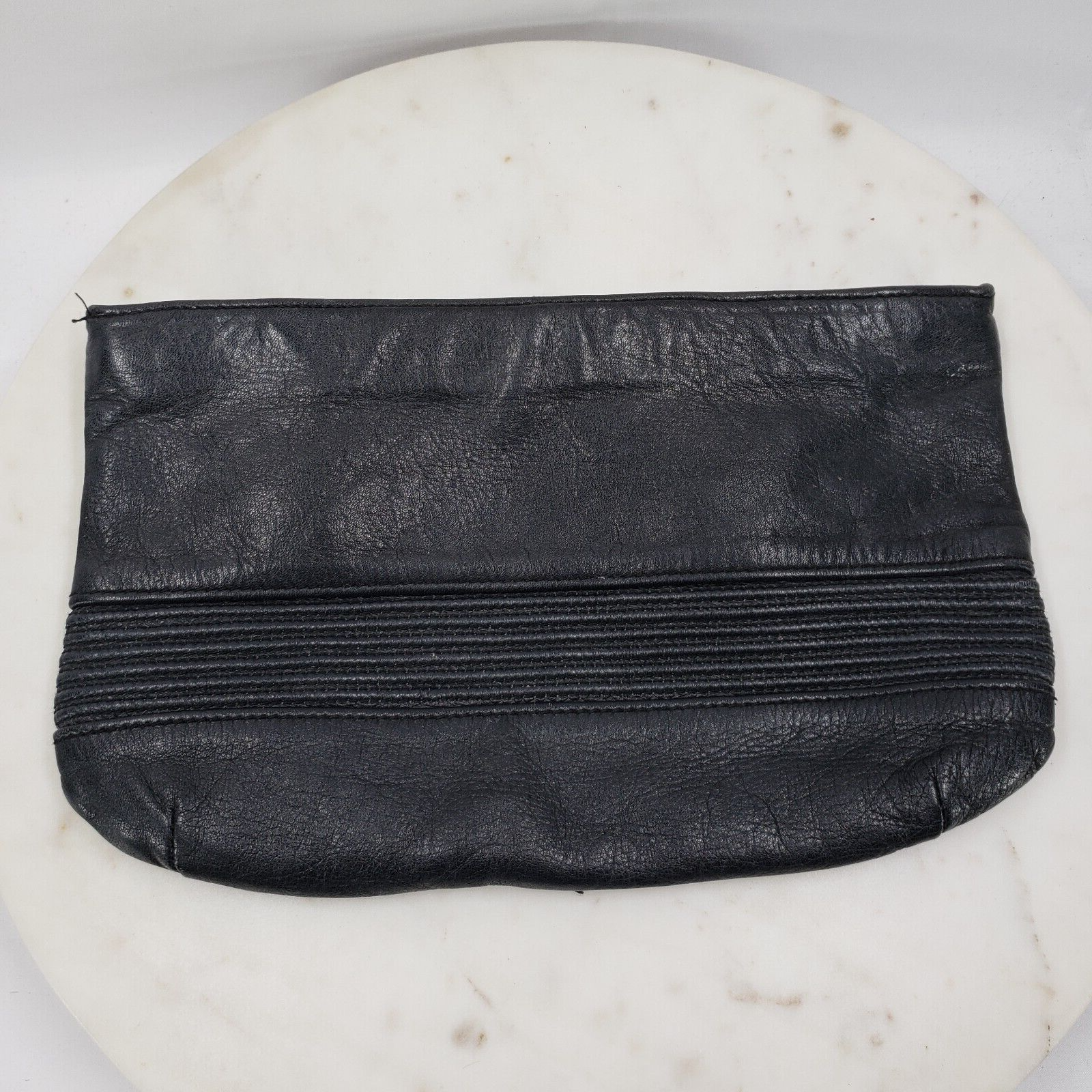 Vintage Contessa Black Leather Clutch Handbag Raised Line