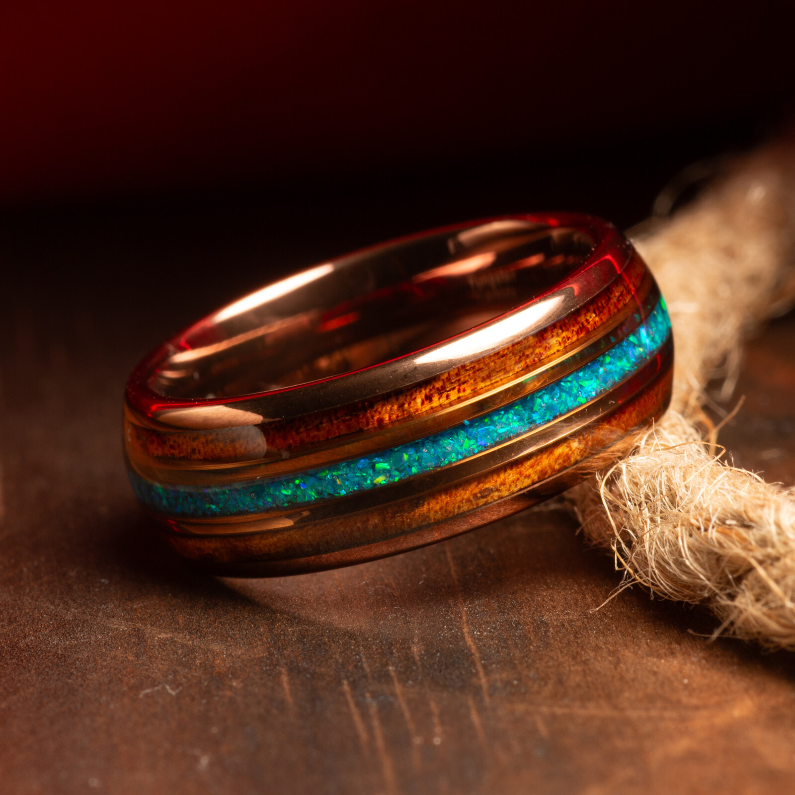 Rose Gold Tungsten Wood Ring, Opal wood ring, Wooden Ring for Men