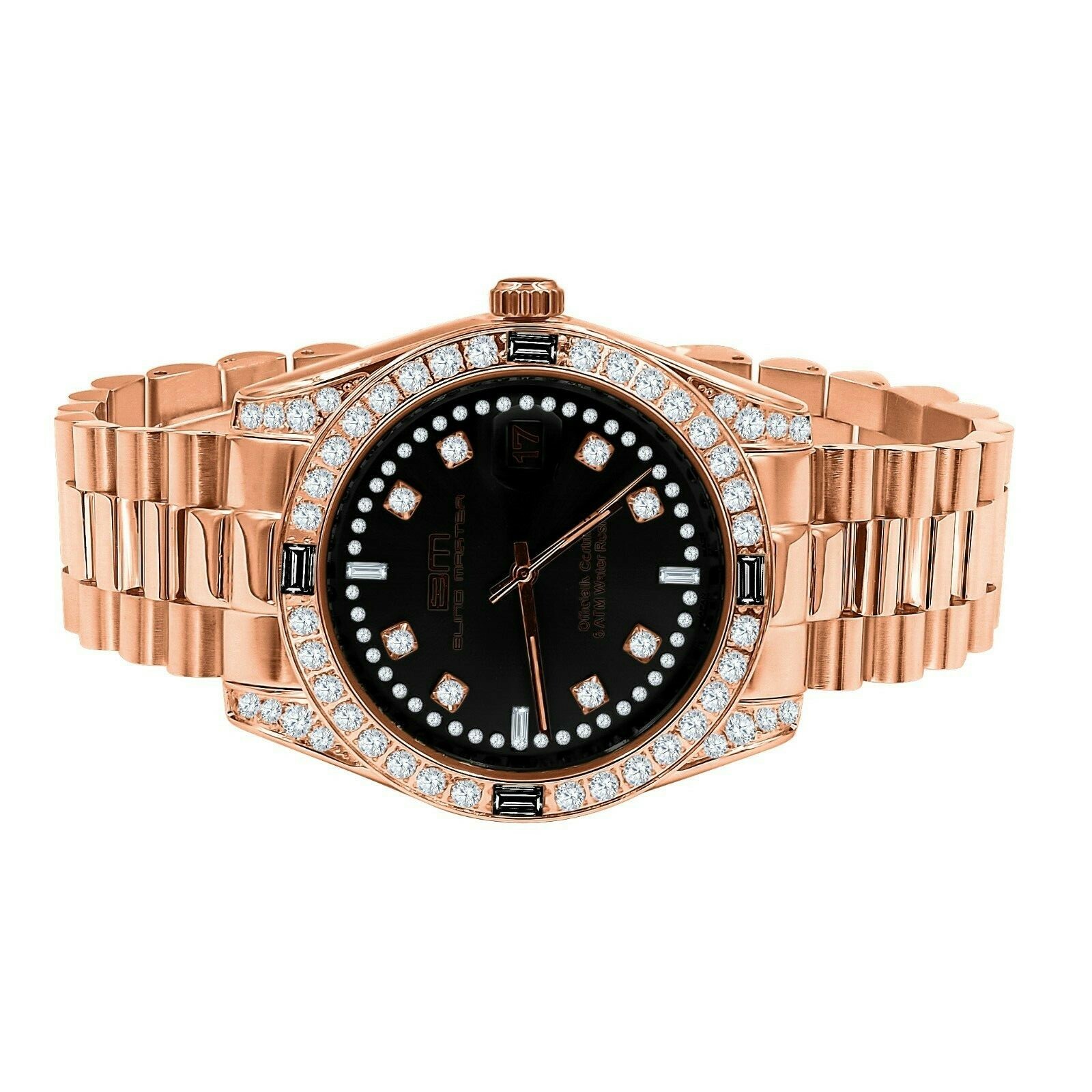 Pre-owned Bling Master - Majesty 18k Rose Gold Solid Steel Black Dial Simulated Diamond Mens President Watch 40mm
