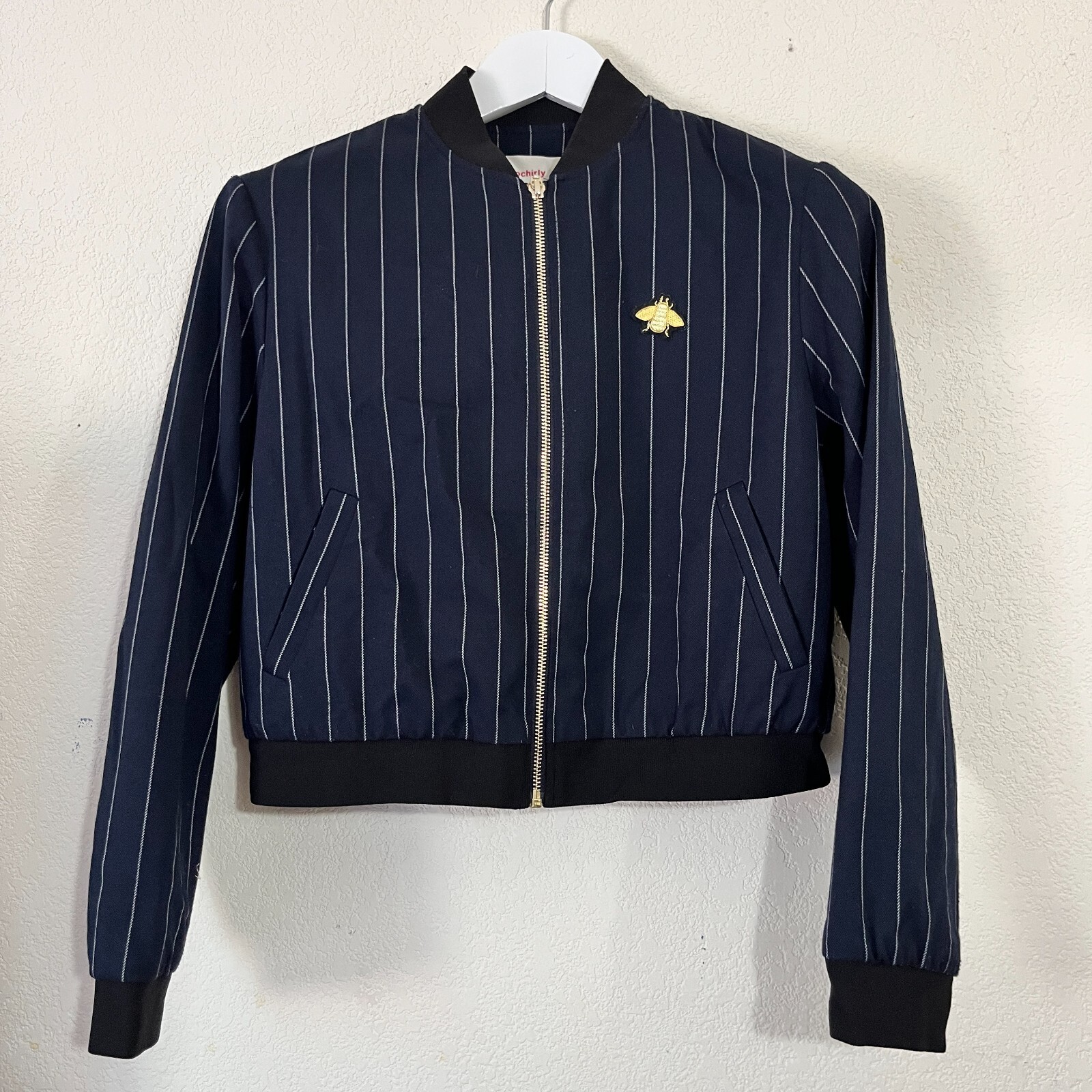 Ochirly Womens Band Collar Striped Cropped Bomber Jacket