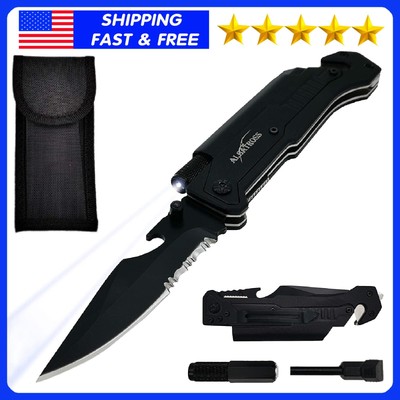 Best 6-in-1 Survival Tactical Military Folding Pocket Knife with LED Light, Seat