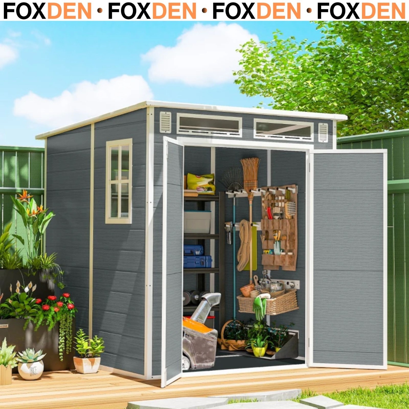 6 x 6 ft Plastic Garden Shed, Wood-Effect Outdoor Storage Shed w/ Lockable Grey
