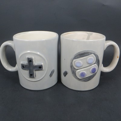 Set Of 2 Handmade Super Nintendo Famicom Mugs Ceramic 4'' tall