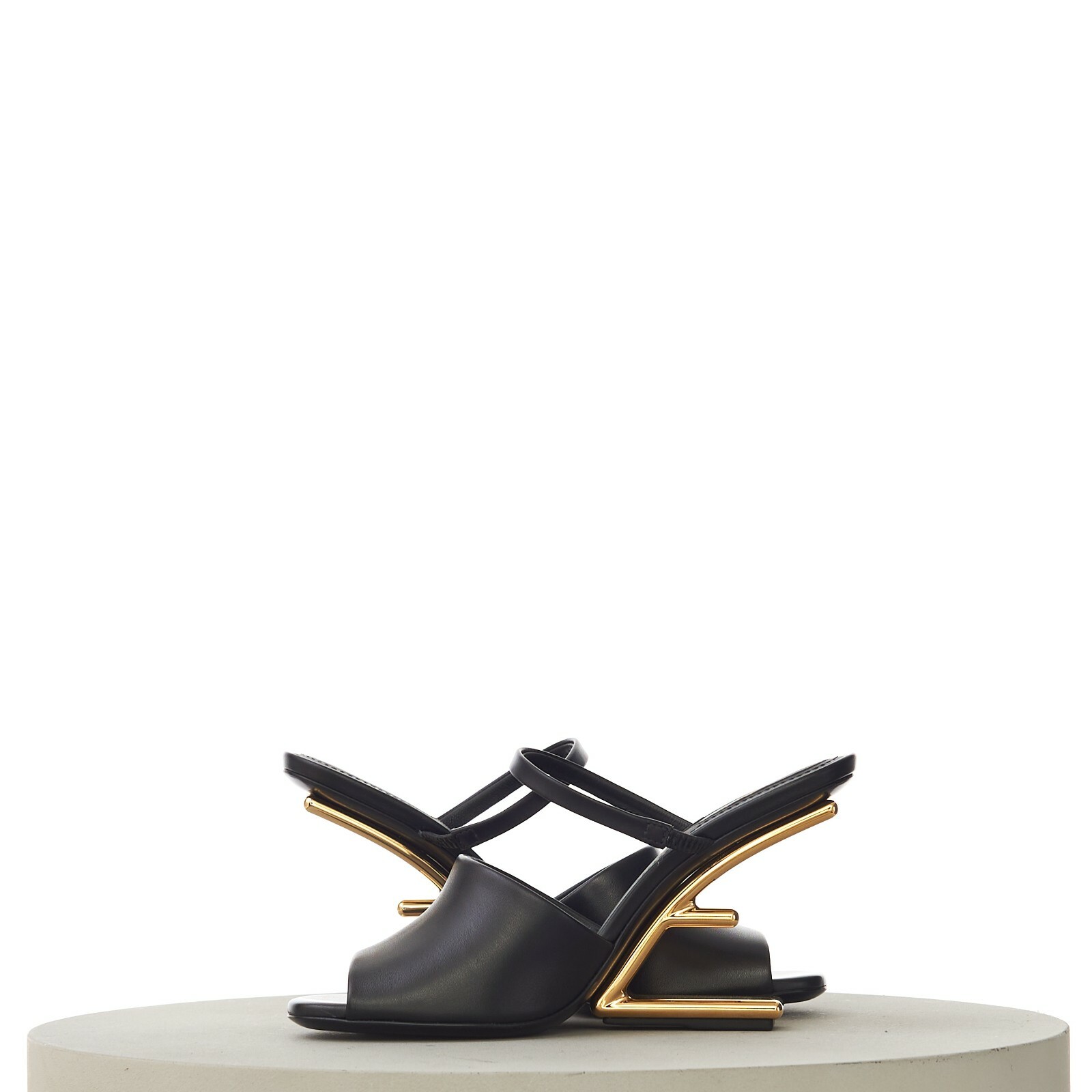 Pre-owned Fendi First 1390$ Black Leather High Heel Sandal, F-shaped Gold Metal Heel