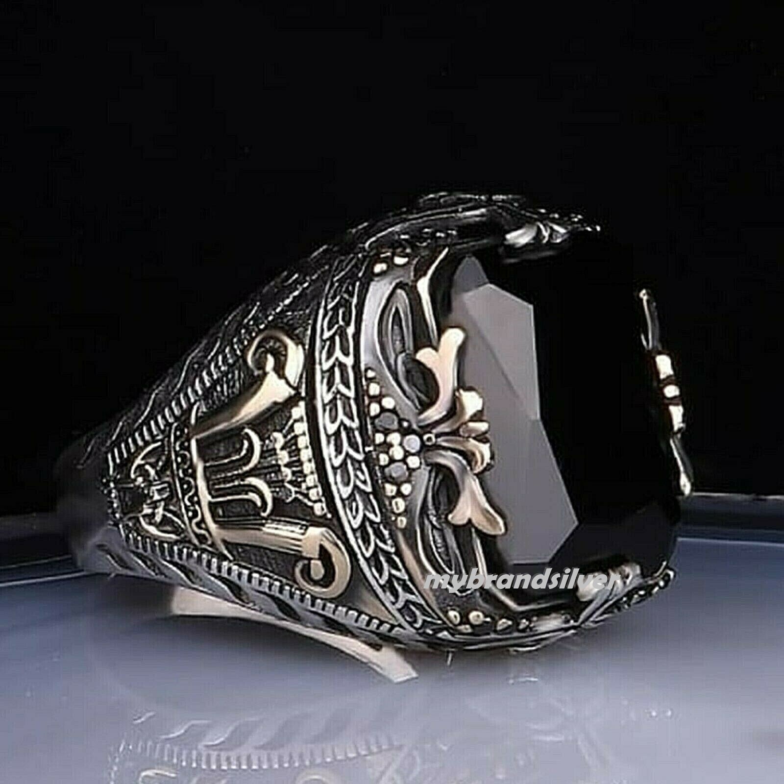 Women's Square Black Onyx Stone Silver Ring, Authentic
