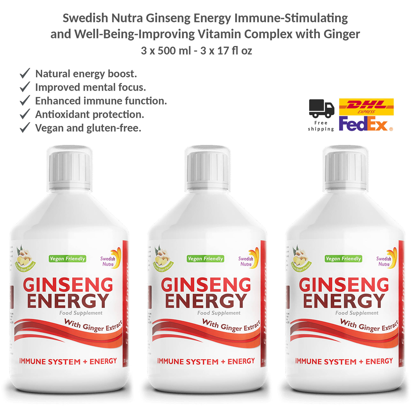 Swedish Nutra Ginseng Energy Boost & Immune Support Drink Vitamin Complex x3