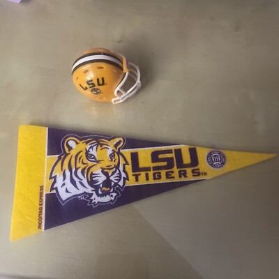 NCAA LSU Mini Pennant 9X4 inch, felt and Bubble Gum Mini Helmet 2 X 2.5 inch