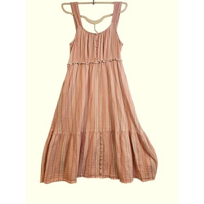 Pink Gauze Midi Tiered Fit And Flare Dress  L Cotton Seersucker Sleeveless #702