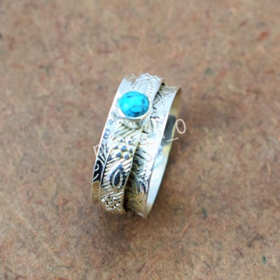 Turquoise Spinner Ring, 925 Silver Spin Ring Flower Band ring Valentine's Day U1