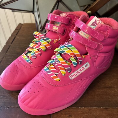 Womens Reebok Freestyle 25th Anniversary High Hi Tops Pink Rainbow Sz 8 Sneakers