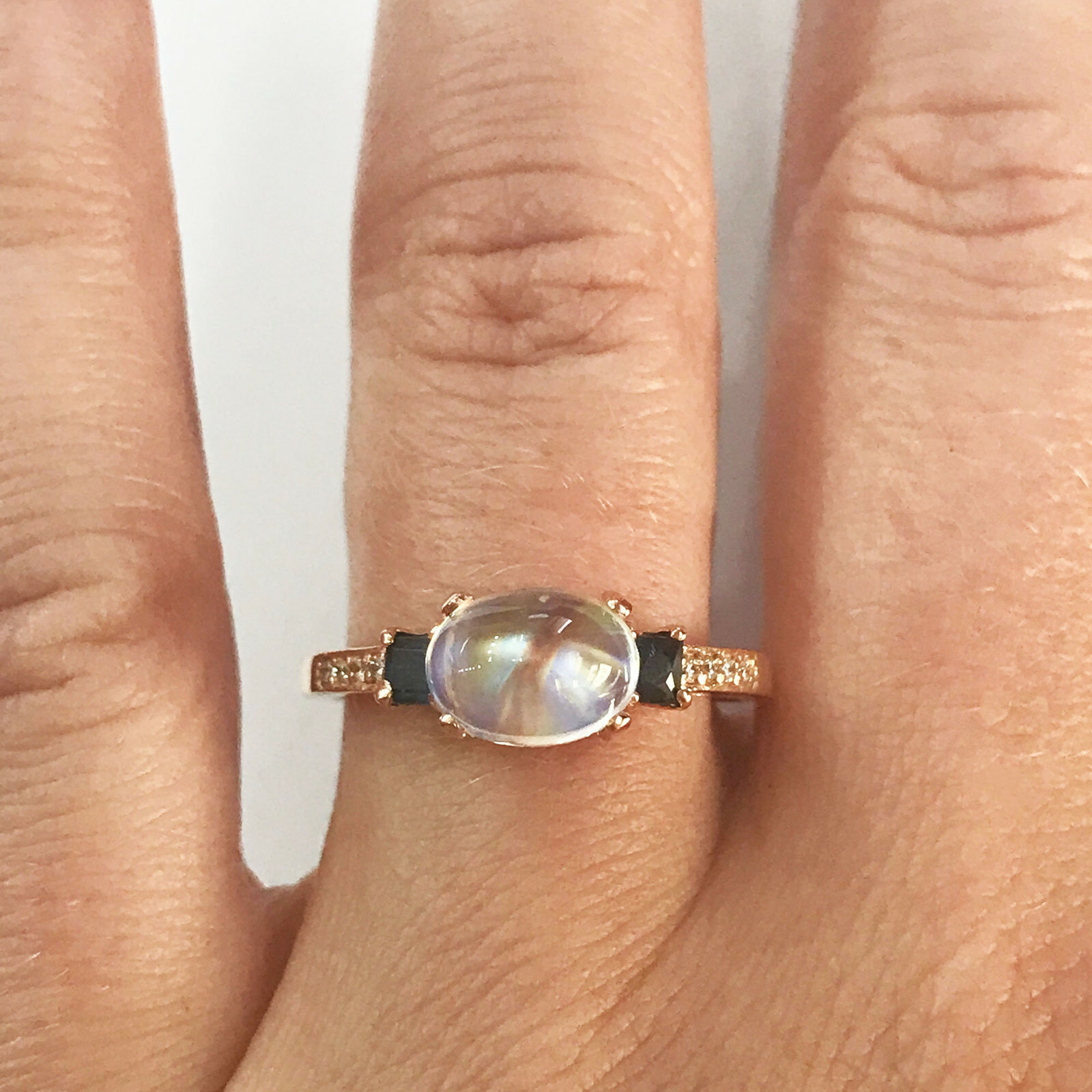 Pre-owned Jewelry By Arsa 2.65 Ctw Natural Moonstone, Sapphire & Diamond Solid 14k Rose Gold 3 Stone Ring In White