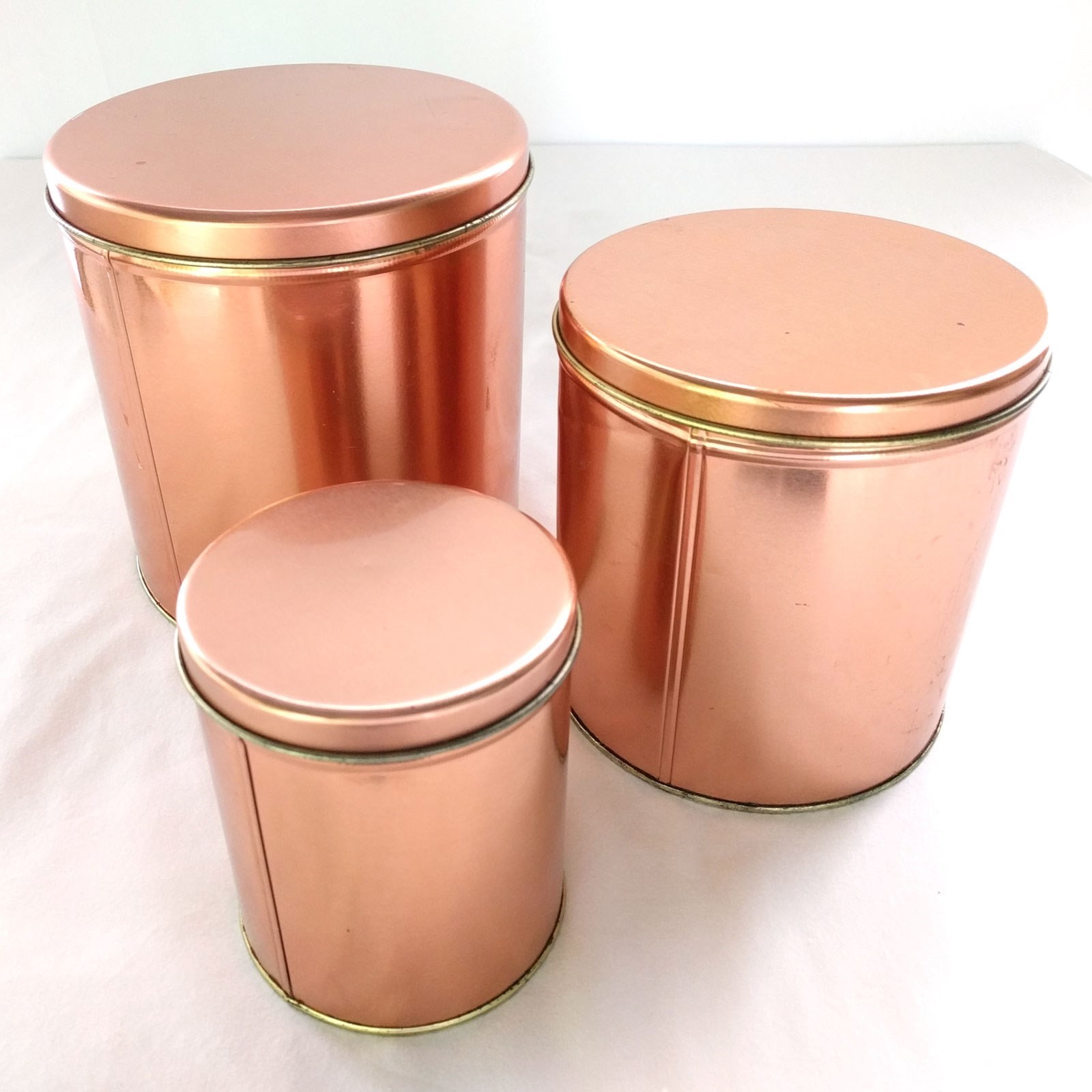 Vintage Ballonoff Copper Tone Canisters w/ Brass Labels Flour Sugar Tea Set of 3