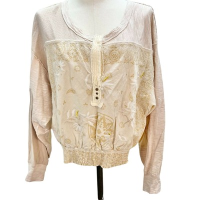 Free People We The Free XS Ecru Top Long Sleeve Embroidered Cottagecore NWT