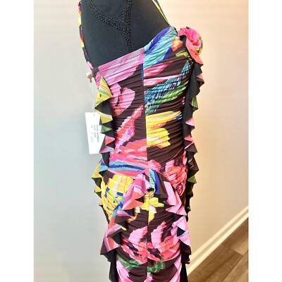Pre-owned Rococo Sand Chris Midi Dress In Black Small Floral Ruffle Ruched Stretch Lined