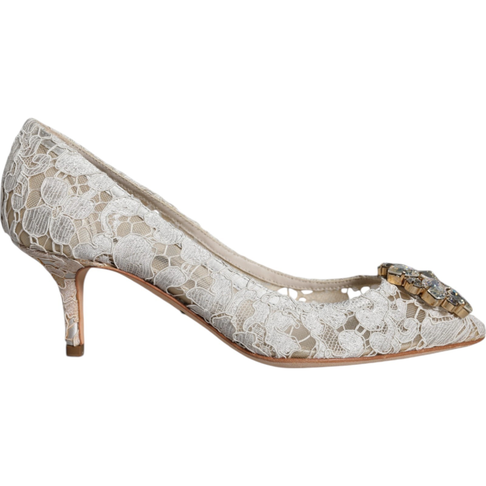 Туфли DOLCE & GABBANA, белые туфли-лодочки на каблуке с кружевом и кристаллами Taormina, 35,5 евро / 5 970 долларов США