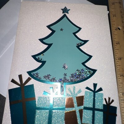 Vtg Christmas Card UNUSED Heavy Glitter Snow Globe Tree Hallmark 6x8 Blue W/env