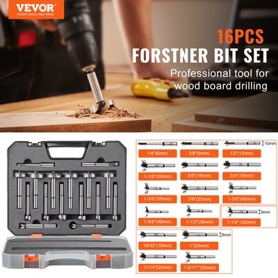 VEVOR Forstner Bit Set 16 Pcs Forstner Drill Bits Set for Wood 1/4" to 1-5/8"