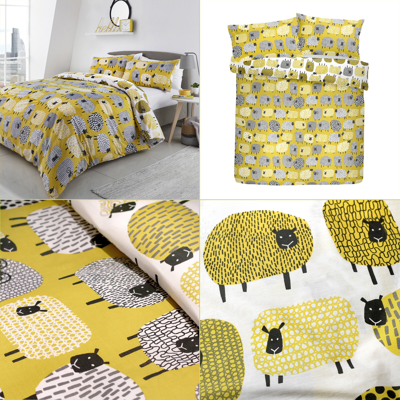 Ochre Duvet Covers Yellow Dotty Sheep Playful Flock Reversible Duvet