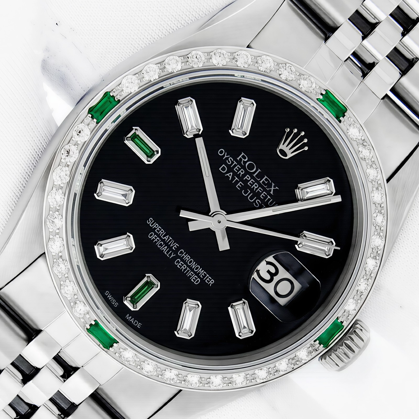 MENS ROLEX DATEJUST BLACK DIAMOND DIAL STEEL, 18K WHITE GOLD DIAMOND BEZEL WATCH