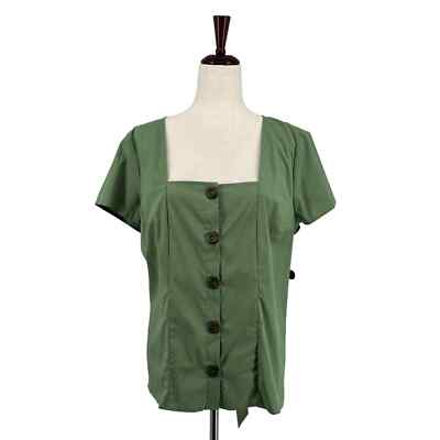 Modcloth Cottage Curation Green Button Down Square Neckline Blouse XL Back Tie