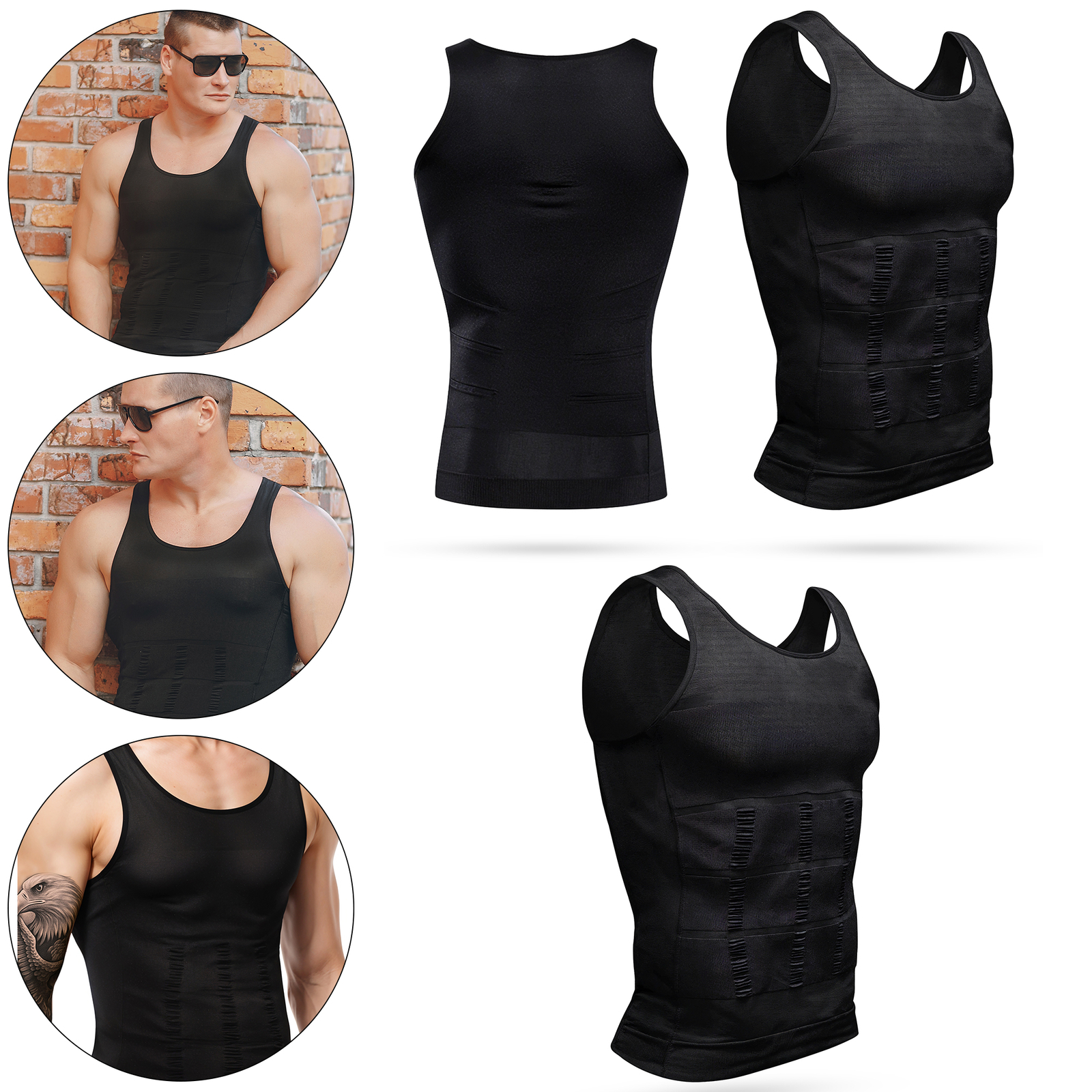 Herren Schwarz Kompression Weste Bauch Brust & Taille Mince Shapewear Unterhemd