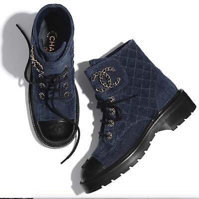 Pre-owned Chanel 21a Blue Black Quilted Cc Chain Combat Lace Up Tie Ankle Short Boots 38