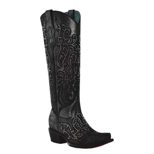 Pre-owned Corral Boots Corral Ladies Crystals & Overlay Black Tall Western Boots C4097