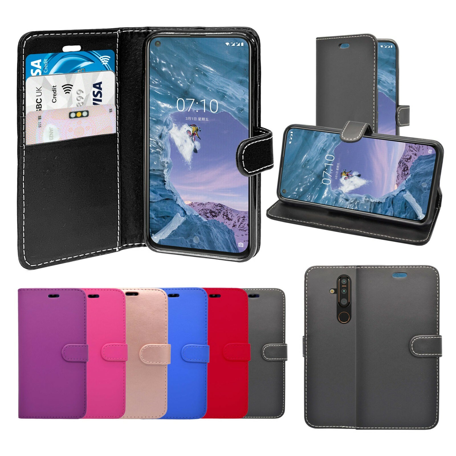 Lederhülle Für Nokia 8 Mit Standfunktion & Kartenfach – Magnetischer Verschluss – Schwarzes PU-Leder