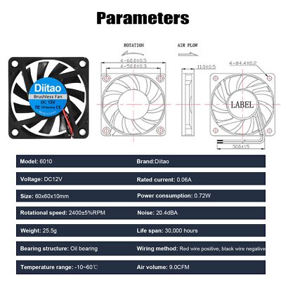 4pcs 6010 Brushless DC Cooling Fan Big Airflow Fan for Cooling PC Computer Ca...