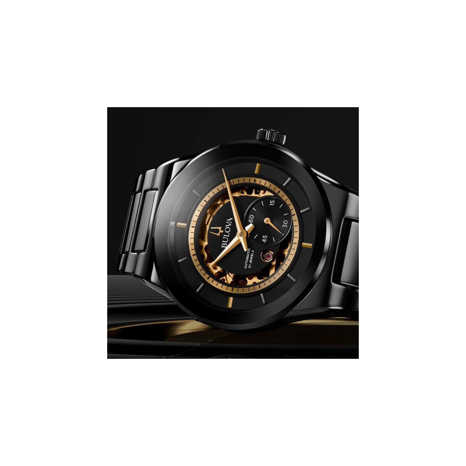 Pre-owned Bulova Millennia Men Automatic Open Aperture Black Ceramic Watch 41mm 98a291