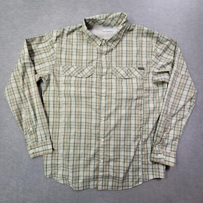 Columbia Shirt Mens Large Green Plaid Omni Shade Vented Fishing Pockets Logo