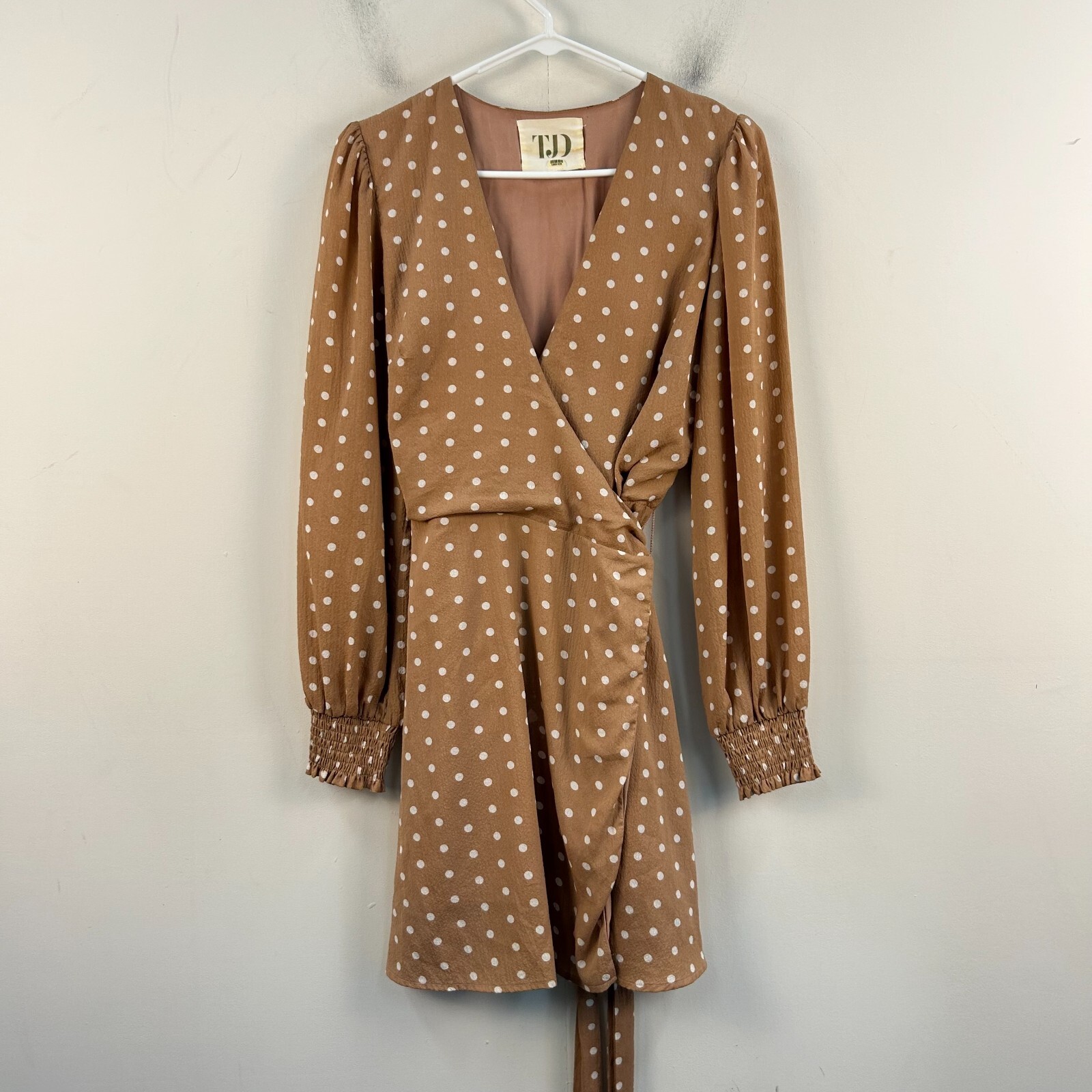 TJD Womens Small Dress Brown Polka Dot Woven Wrap V-Neck Tie
