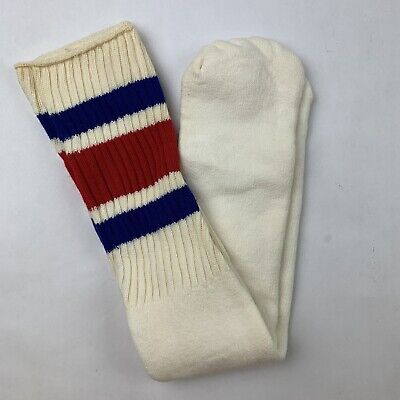 Vintage 70's 80's Striped Tube Socks 20'' Long White Red Blue