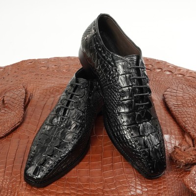 US 9.5 Black Crocodile Leather Lace up Oxford Real Hornback Skin Shoes For Men