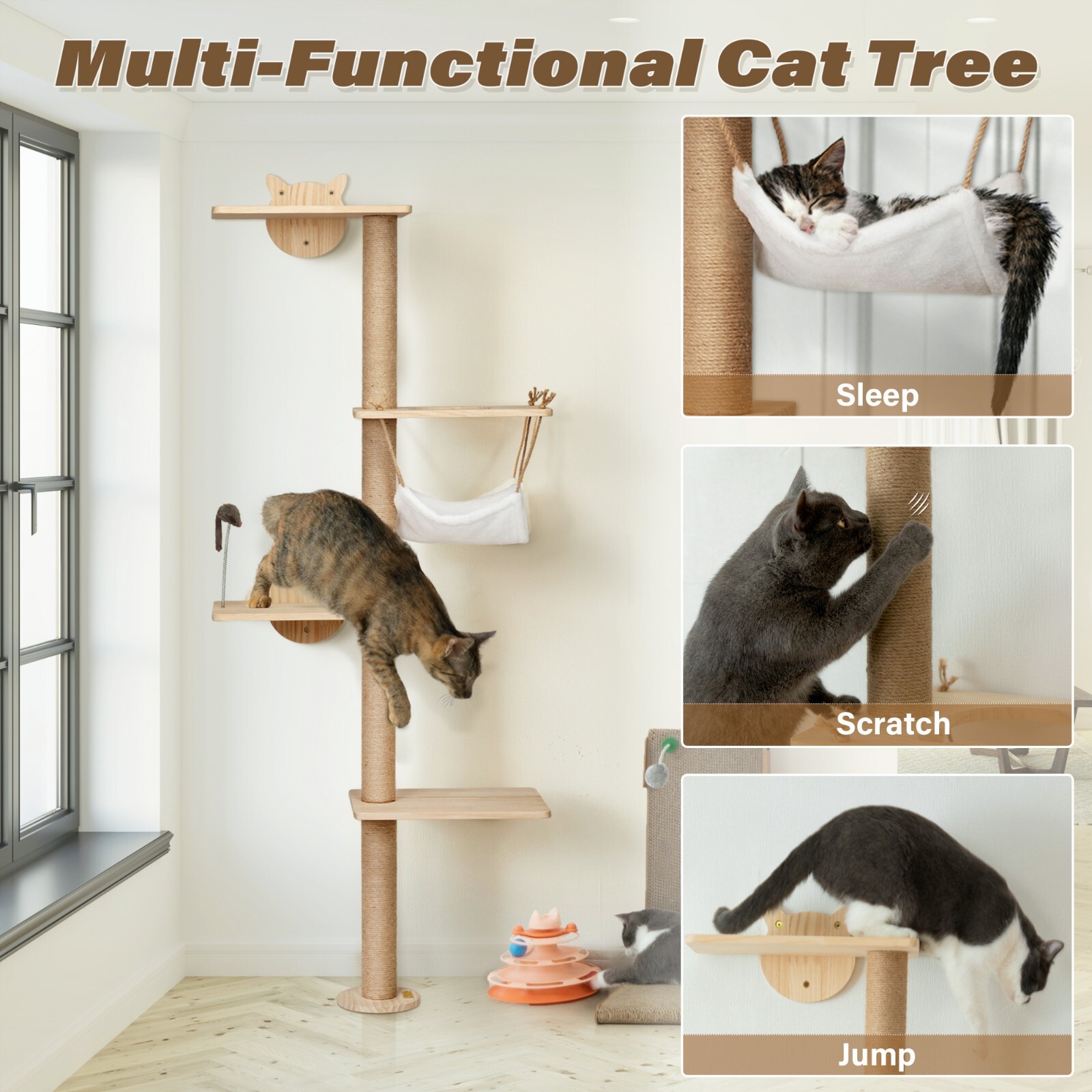 Wooden Cat Climbing Tree Multi-layer Cat Activity Shelves w/ Platforms Mouse Toy