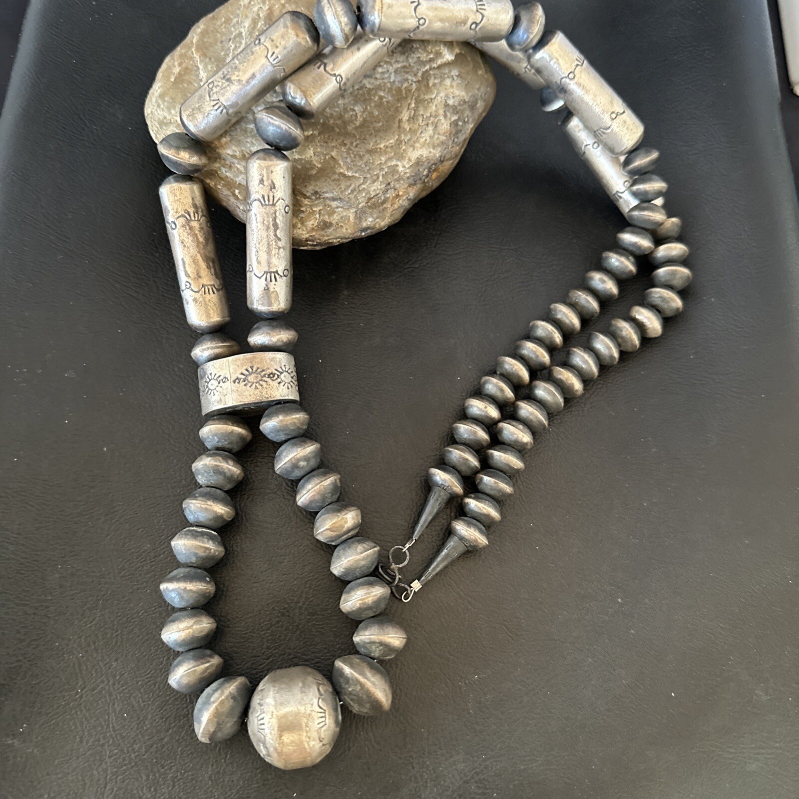 Handmade Stamped Bench Navajo Sterling Silver Bead Necklace 30