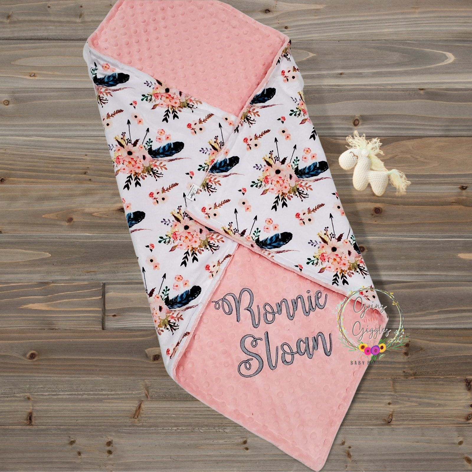 Minky Blanket,Boho Floral Arrow,Baby Girl,Feathers,Personali