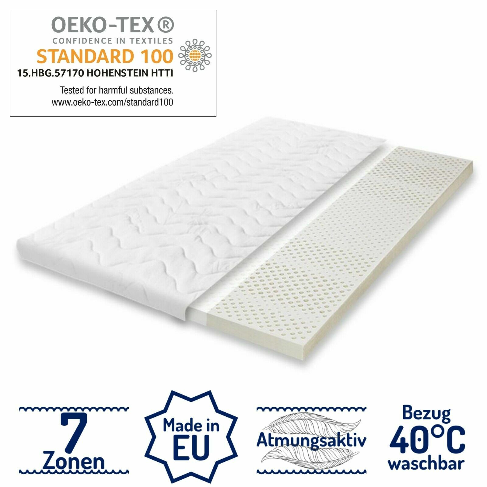 Latex Matratzenauflage Premium Qualität 7 Zonen Matratzen Topper Höhe 6 cm H2 