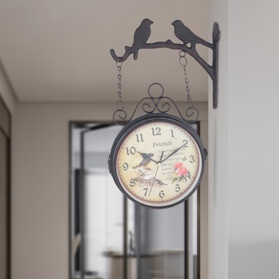 Retro Rustic Wall Clock Vintage Double Sided Hanging Clock Home Garden Decor
