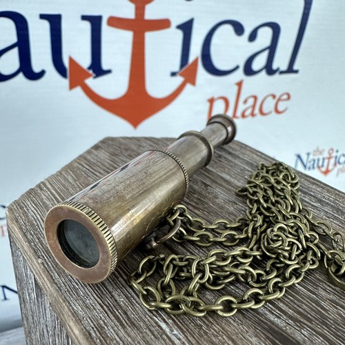 Antique Finish Brass Telescope w/ 27" Chain, Pocket Size Spyglass, Nautical