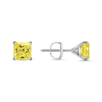 Pre-owned Shine Brite With A Diamond 2.5 Ct Princess Cut Canary Earrings Studs Real 14k White Gold Screw Back Martini