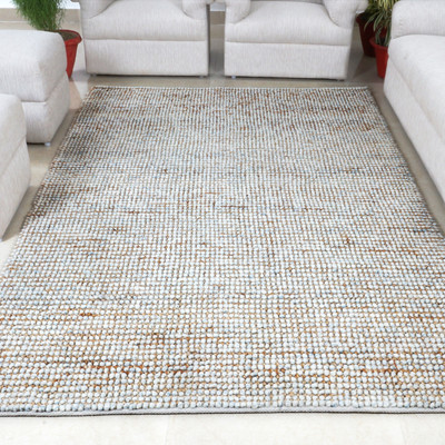 Handmade Brown Chunky Jute & Ivory/Blue Striped Wool Rug by Tufty Home -V65