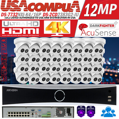Hikvision 32CH 16POE NVR 4K 8MP Turret Security IP Camera System DarkFighter Lot